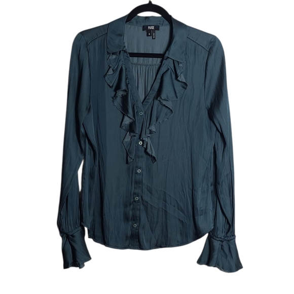 PAIGE Abriana Pleated Cuff Shirt Ruffled Bell Sleeve Blouse Size Medium - Picture 1 of 16